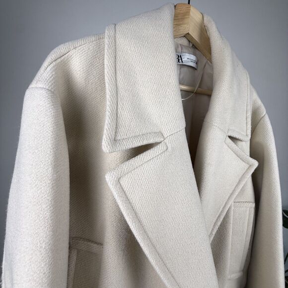 ZARA Oversized Long Ribbed/Textured Cream White Ivory Winter Coat, XS - Picture 7 of 16